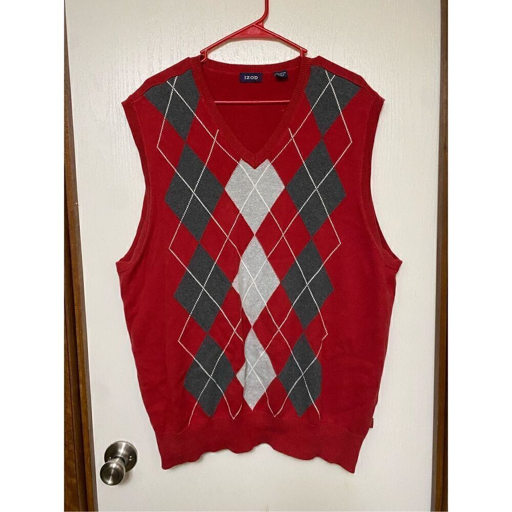 Izod Red Gray Plaid Sweater Vest Size XL